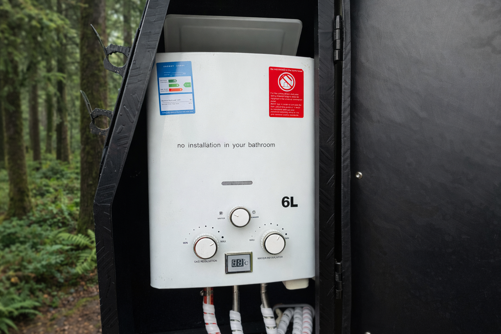 White water heater with labels on a dark background