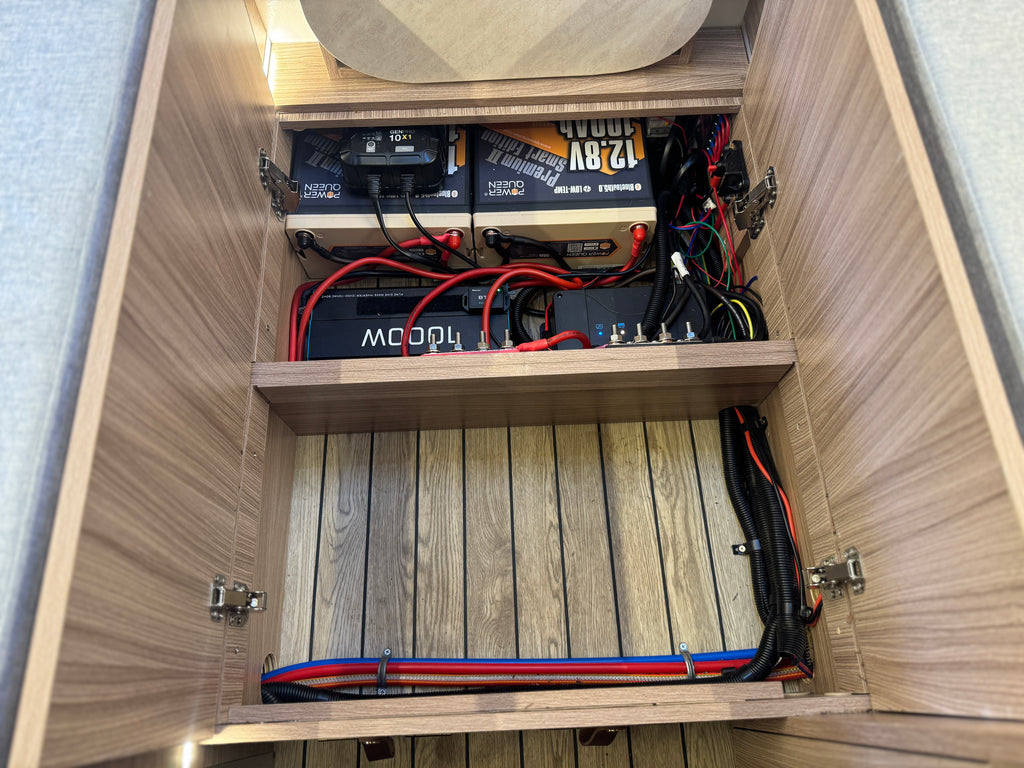 Wooden panel with electrical components and wiring inside a vehicle or RV.